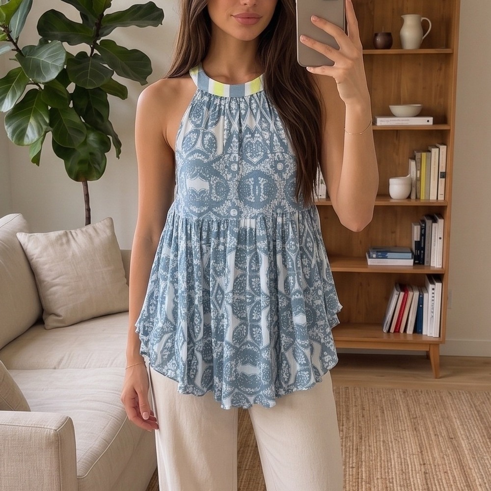 Free People Mimi Halter Tunic Top XS Blue Ivory Combo Boho Tiered Coastal Hippie